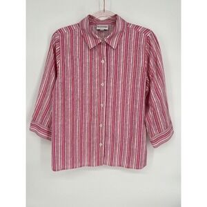 Breckenridge Striped Button-Up Shirt Pink White 3/4 Sleeve Career Casual Sz M